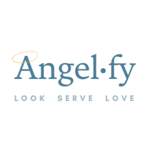 Logo of Angelfy with tagline 'Look Serve Love' on a white background